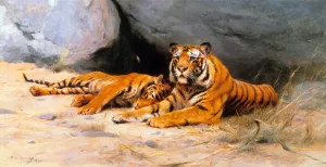 Tigers Resting by Wilhelm Kuhnert - Oil Painting Reproduction