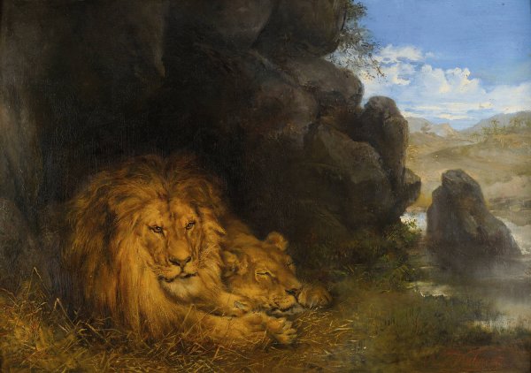 Main Product Photo of Two lions in a cave Painting by Wilhelm Kuhnert