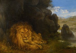 Two Lions In A Cave by Wilhelm Kuhnert Oil Painting