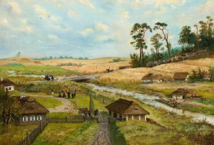 KoSciuszko's troops march through a village by Wilhelm Leopolski Oil Painting