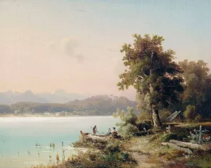 Partie am Chiemsee mit Blick auf die Herreninsel am fruhen Morgen Oil painting by Wilhelm Lichtenheld