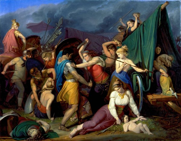 The Women of the Cimbers, defending their chariot against the Romans  by Wilhelm Lindenschmit The Elder - Hand-Painted Oil Painting Reproduction