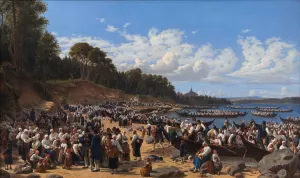 Church-Goers Arriving By Boat At The Parish Church Of Leksand On Siljan Lake, Sweden by Wilhelm Marstrand Oil Painting