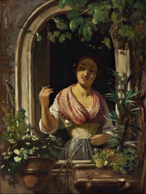 Italian woman waving from a window, end of the 1850s by Wilhelm Marstrand Oil Painting