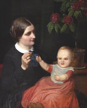 Portraet af kunstnerens hustru med sonnen Poul pa skodet by Wilhelm Marstrand Oil Painting