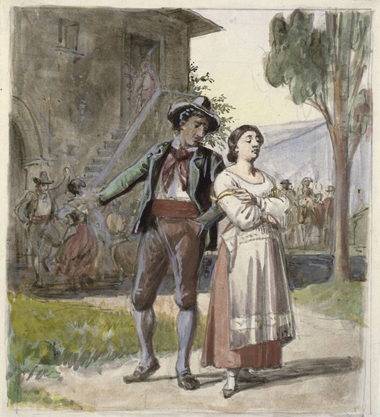 Ungt par, der er uenige, i baggrunden dansende foran et hus  by Wilhelm Marstrand - Hand-Painted Oil Painting Reproduction