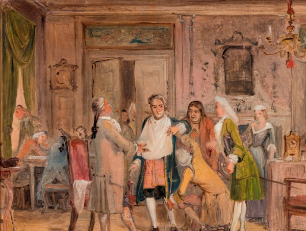 Vielgeschrey's hardships, scene from L. Holberg's 'Den stundeslose', Act 1, Scene 6  by Wilhelm Marstrand - Hand-Painted Oil Painting Reproduction