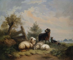 Schafe, Widder und Ziege am Gatter by Wilhelm Melchior Oil Painting