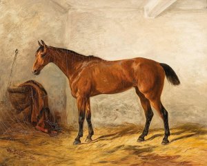 A Bay Horse in a Stable with Saddle Blanket by Wilhelm Richter Oil Painting