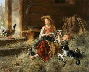 Calling on Farmyard Friends by Wilhelm Schutze Oil Painting