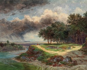 A Vast River Landscape on a Rainy Day by Wilhelm Steinfeld Oil Painting