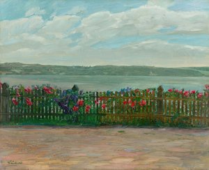 Rose fence with view of the Berg Castle at Lake Starnberg by Wilhelm Trubner Oil Painting