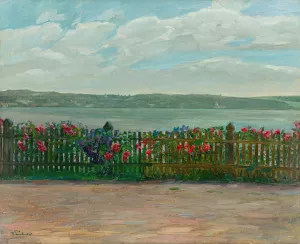Rose fence with view of the Berg Castle at Lake Starnberg by Wilhelm Trubner Oil Painting