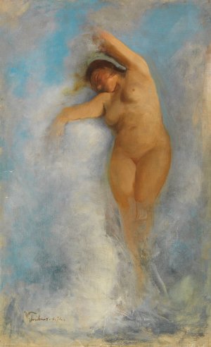 Weiblicher Akt im Schaum einer Welle; 'Oceanide' by Wilhelm Trubner Oil Painting