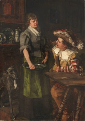 Zechender Landsknecht mit Serviermadchen by Wilhelm Trubner Oil Painting