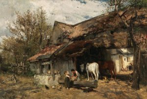 A Scene of Daily Life in a Farmyard by Wilhelm Velten Oil Painting