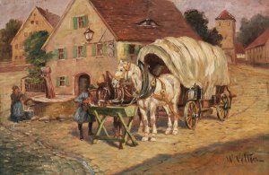 Fuhrwerk am Dorfbrunnen by Wilhelm Velten Oil Painting