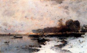 A Winter River Landscape at Sunset