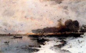 A Winter River Landscape At Sunset by Wilhelm Von Gegerfelt Oil Painting