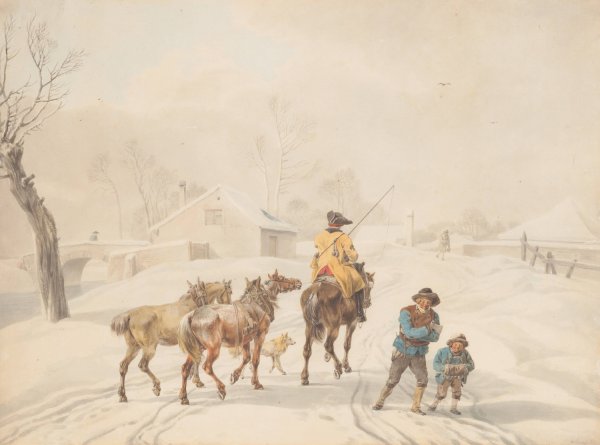 Postilion on Horse in a Winter Landscape  by Wilhelm Von Kobell - Hand-Painted Oil Painting Reproduction