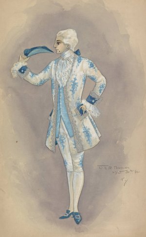Man in white and light blue floral justacorps and breeches with light blue waistcoat by Will R. Barnes Oil Painting