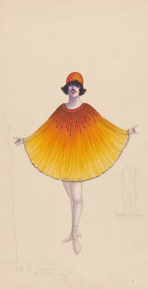 Orange and yellow poncho-type costume with under-dress sketch by Will R. Barnes Oil Painting