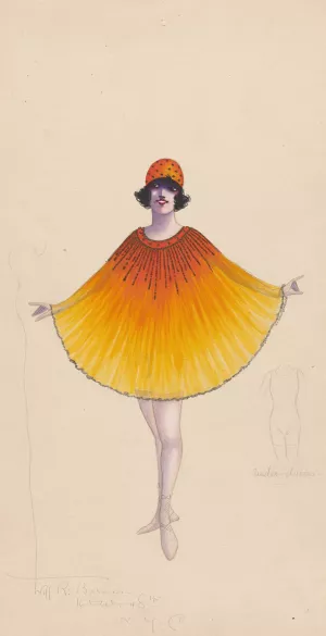 Orange and yellow poncho-type costume with under-dress sketch by Will R. Barnes Oil Painting