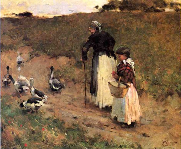 Old Woman with Child and Goose by Willard Leroy Metcalf - Hand-Painted Oil Painting Reproduction