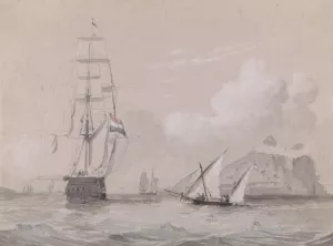 Hollands zeilschip voor de kust van Gibraltar Oil painting by Willem Anthonie Van Deventer