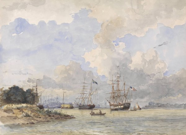 Maas voor Rotterdam, met een Amerikaans en Zweeds schip  by Willem Anthonie Van Deventer - Hand-Painted Oil Painting Reproduction