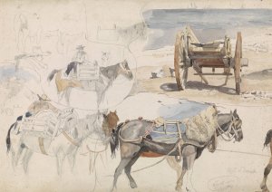 Studieblad met schelpenkar op het strand en diverse studies van paarden by Willem Anthonie Van Deventer Oil Painting
