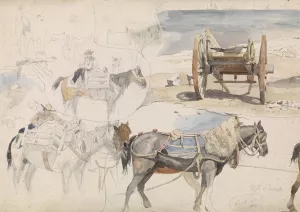 Studieblad met schelpenkar op het strand en diverse studies van paarden by Willem Anthonie Van Deventer Oil Painting