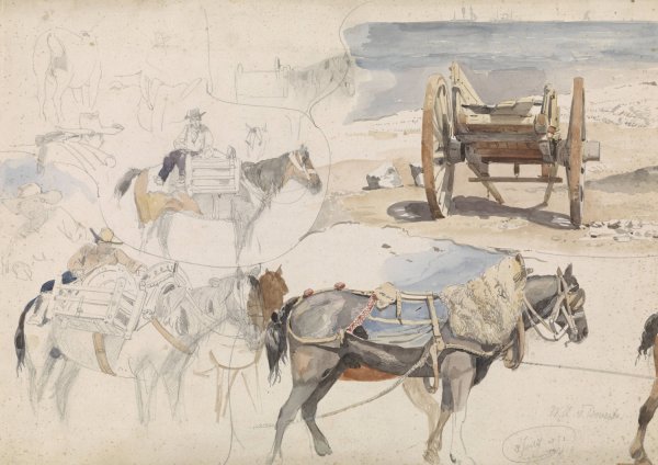 Studieblad met schelpenkar op het strand en diverse studies van paarden  by Willem Anthonie Van Deventer - Hand-Painted Oil Painting Reproduction
