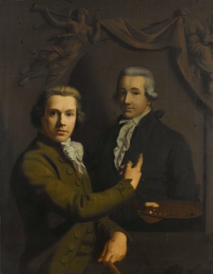 Self Portrait, Pointing at a Portrait of the Artist's deceased Colleague Dirk Jacobsz Ploegsma by Willem Bartel Van Der Kooi Oil Painting