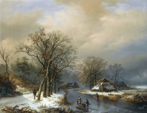 A Winter Landscape With Woodgatherers On The Ice by Willem Bodeman Oil Painting