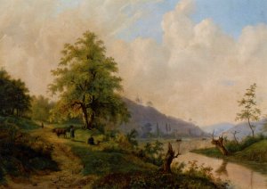 Figures in a River Landscape Oil painting by Willem Bodemann