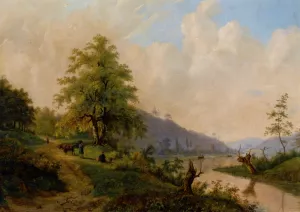 Figures in a River Landscape by Willem Bodemann Oil Painting