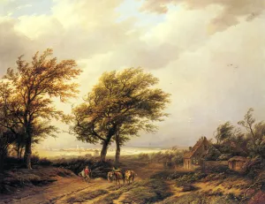 Travellers in an Extensive Landscape with a Town Beyond by Willem Bodemann Oil Painting