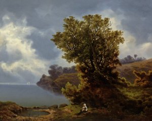 Two Figures Seated Under a Tree with Storm Approaching Beyond