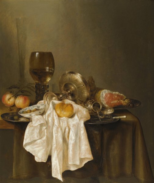 Main Product Photo of A Banketje Still Life With A Roemer, A Silver Tazza On Its Side, A Ham, Peaches, A Salt Cellar, A Bread Roll And A White Cloth On A Partly Draped Table Painting by Willem Claesz Heda