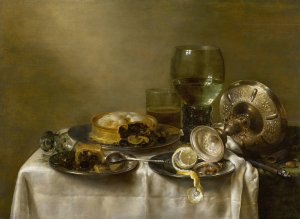 A still life with an overturned silver tazza, glassware, pies and a peeled lemon on a table by Willem Claesz Heda Oil Painting