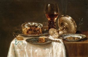 Olives in a blue and white porcelain bowl, a roemer, wine glasses, an overturned silver tazza and a meat-pie by Willem Claesz Heda Oil Painting