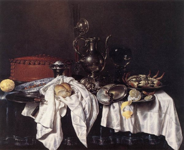 Main Product Photo of Still-Life with Pie, Silver Ewer and Crab Painting by Willem Claesz Heda