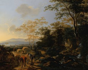 An Italianate landscape with travelers and mules by a waterfall by Willem De Heusch Oil Painting