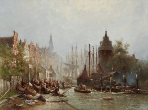 Busy Fisherfolk by Willem Hendrik Eickelberg Oil Painting