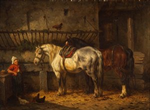 Horses in a stable by Willem Johan Boogaard Oil Painting
