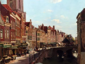 Townsfolk Shopping Along The Oude Gracht, Utrecht by Willem Johannes Oppenoorth - Oil Painting Reproduction