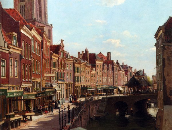 Townsfolk Shopping Along The Oude Gracht, Utrecht by Willem Johannes Oppenoorth - Hand-Painted Oil Painting Reproduction
