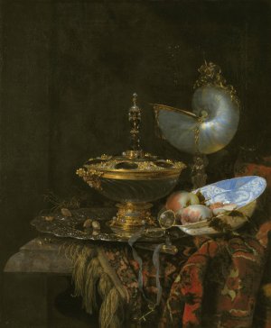Pronk Still Life With Holbein Bowl, Nautilus Cup, Glass Goblet And Fruit Dish by Willem Kalf Oil Painting