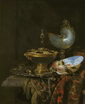 Pronk Still Life With Holbein Bowl, Nautilus Cup, Glass Goblet And Fruit Dish by Willem Kalf Oil Painting